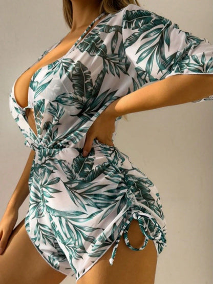 Three-Piece Bikini Set With Leaf Print, Fashionable Long-Sleeved Beach Swimsuit