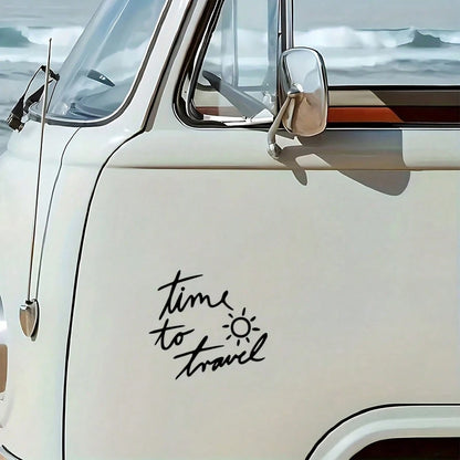 Time To Travel Sun Handwritten Letter Car Sticker, Vacation Adventure Text Vehicle Window Decal, Self-Adhesive Waterproof Auto Exterior Decor Accessory