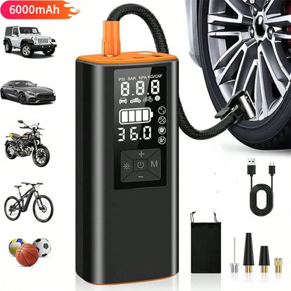 Tire Inflator Portable Air Compressor- 150 PSI Air Pump For Car Tires With Pressure Gauge & LED Light, 3X Faster Inflation Cordless One Click Smart Tire Pump For Car, Bike, Motorcycle