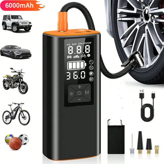Tire Inflator Portable Air Compressor- 150 PSI Air Pump For Car Tires With Pressure Gauge & LED Light, 3X Faster Inflation Cordless One Click Smart Tire Pump For Car, Bike, Motorcycle