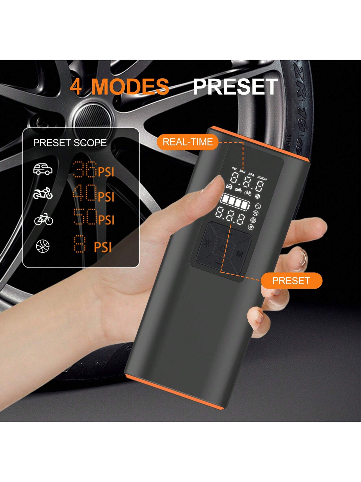 Tire Inflator Portable Air Compressor- 150 PSI Air Pump For Car Tires With Pressure Gauge & LED Light, 3X Faster Inflation Cordless One Click Smart Tire Pump For Car, Bike, Motorcycle