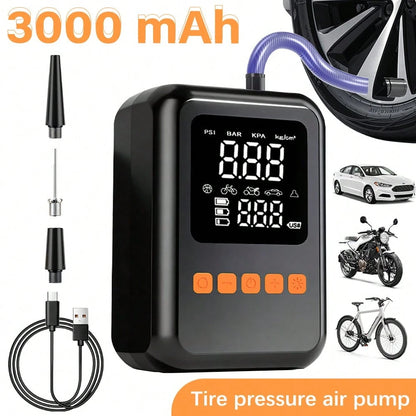 Tire Inflator Portable Air Compressor, 3000mAh Rechargeable Battery Tire Pressure Air Pump, Fast Cordless Air Pump With Power Bank Function, 3-Mode LED Light, Auto Parts For Car Motorcycle Bicycle Cam