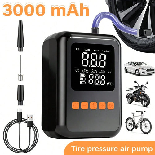 Tire Inflator Portable Air Compressor, 3000mAh Rechargeable Battery Tire Pressure Air Pump, Fast Cordless Air Pump With Power Bank Function, 3-Mode LED Light, Auto Parts For Car Motorcycle Bicycle Cam