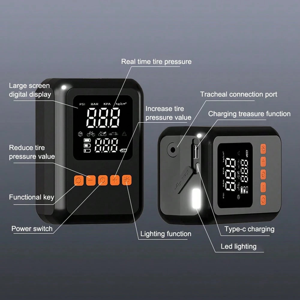 Tire Inflator Portable Air Compressor, 3000mAh Rechargeable Battery Tire Pressure Air Pump, Fast Cordless Air Pump With Power Bank Function, 3-Mode LED Light, Auto Parts For Car Motorcycle Bicycle Cam