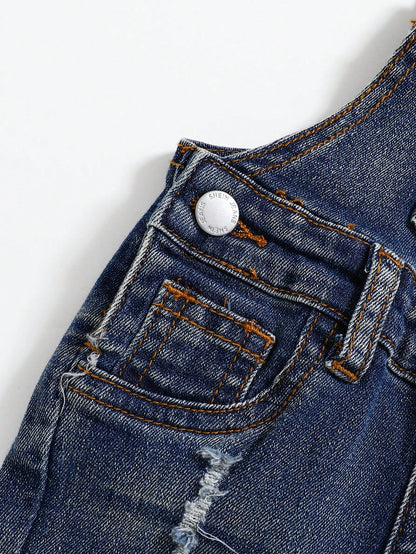 Toddler/Baby Boys' Casual Distressed Retro Vintage Washed Ripped Frayed High Stretch Slim Fit Blue Denim Overalls Jumpsuit,Leisure And Versatile For Baby Fall/Winter Outdoor Wear Clothes Outfits