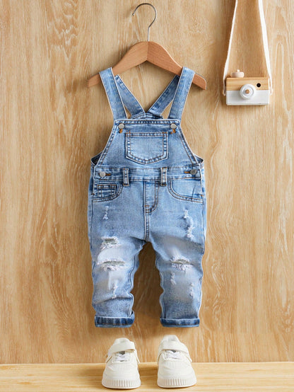 Toddler/Baby Boys' Casual Distressed Retro Vintage Washed Ripped Frayed High Stretch Slim Fit Blue Denim Overalls Jumpsuit,Leisure And Versatile For Baby Fall/Winter Outdoor Wear Clothes Outfits