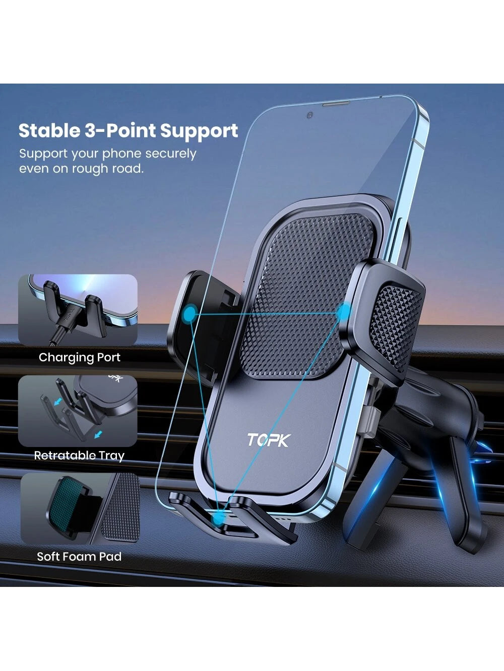 TOPK Car Phone Holder Air Vent Mount Suitable For All Vehicles With Anti-Shake Stabilizer, Upgrade Spiral Hook (Air Vent)