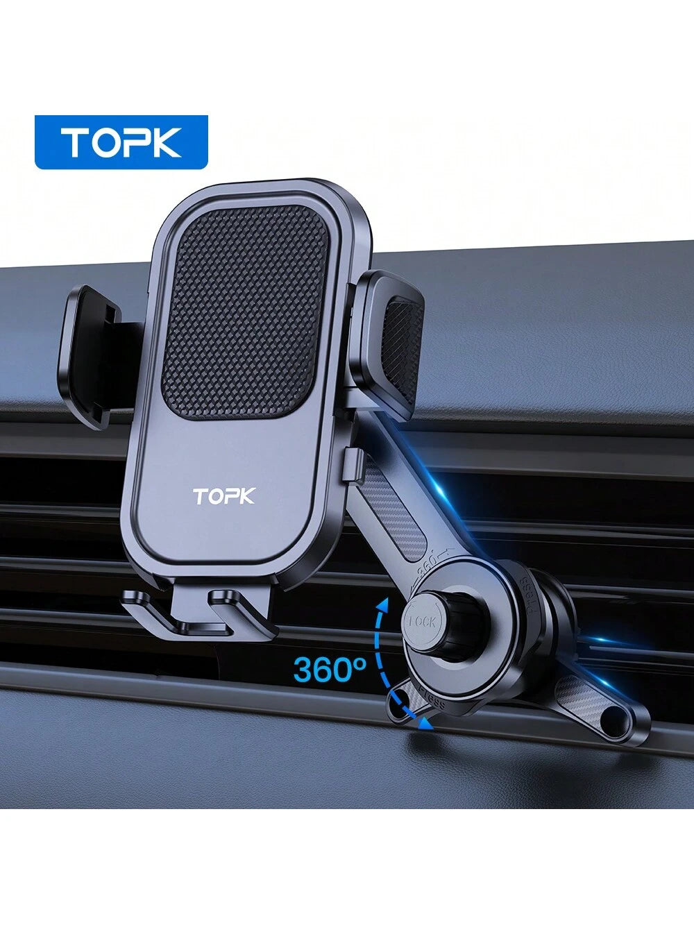 TOPK D40T Extended Arm Car Vent Phone Mount Holder,3-Point Support Extendable Metal Hook Single-Hand Operation High Stability Phone Holder For Car