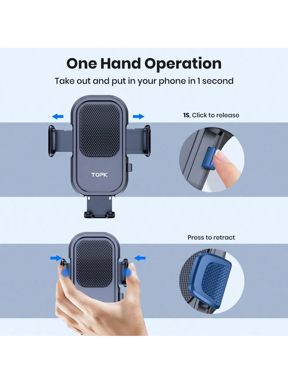 TOPK D40T Extended Arm Car Vent Phone Mount Holder,3-Point Support Extendable Metal Hook Single-Hand Operation High Stability Phone Holder For Car