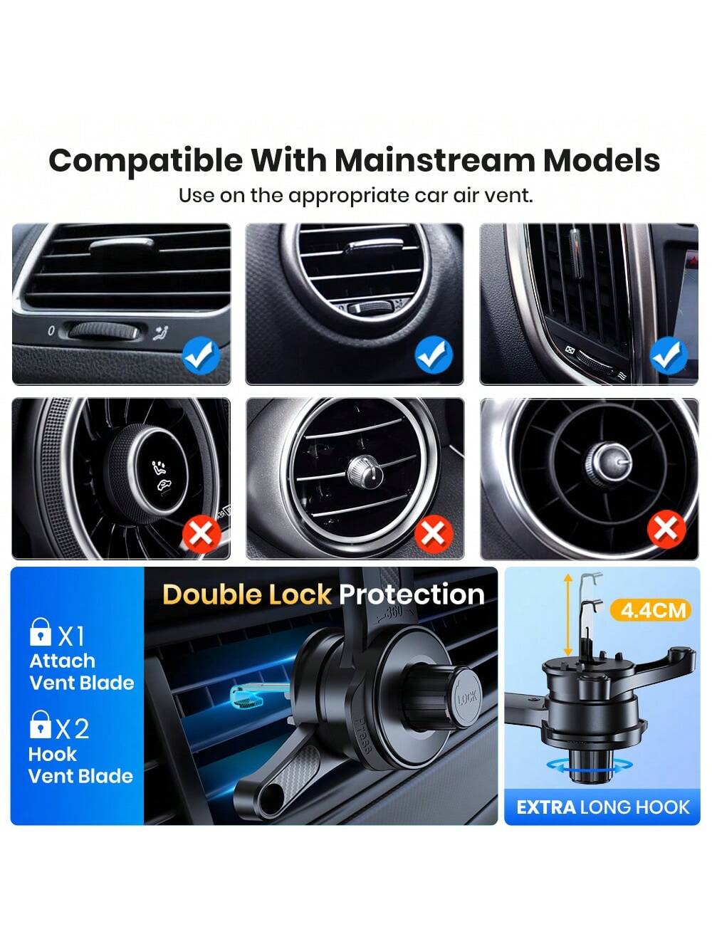 TOPK D40T Extended Arm Car Vent Phone Mount Holder,3-Point Support Extendable Metal Hook Single-Hand Operation High Stability Phone Holder For Car