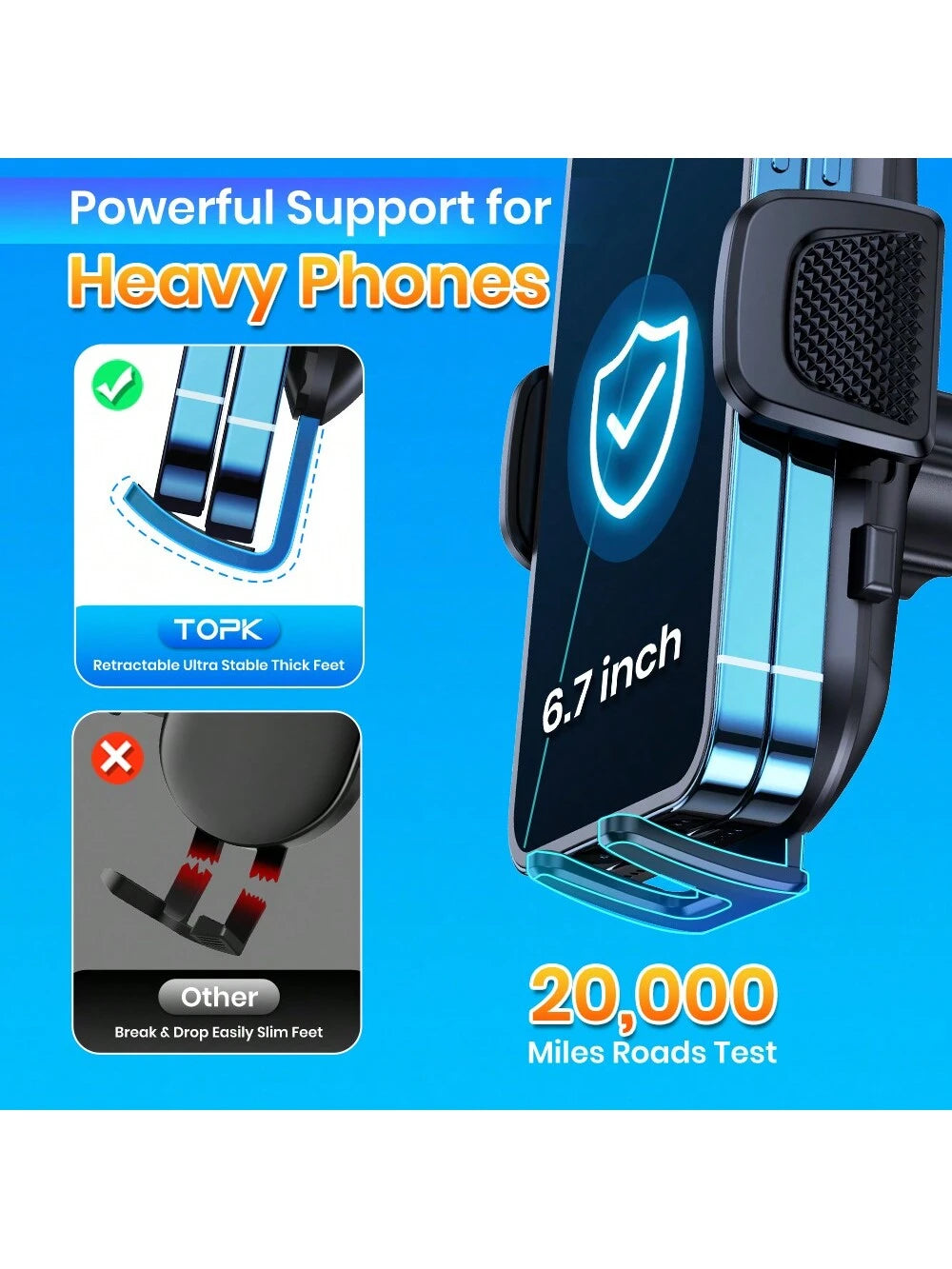 TOPK D40T Extended Arm Car Vent Phone Mount Holder,3-Point Support Extendable Metal Hook Single-Hand Operation High Stability Phone Holder For Car
