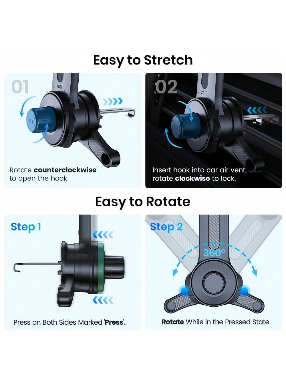 TOPK D40T Extended Arm Car Vent Phone Mount Holder,3-Point Support Extendable Metal Hook Single-Hand Operation High Stability Phone Holder For Car
