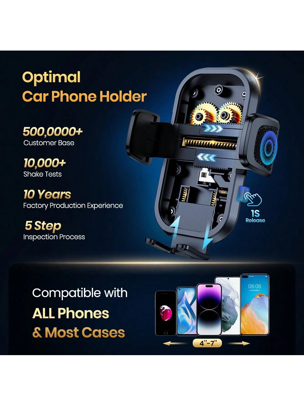 TOPK D40T Extended Arm Car Vent Phone Mount Holder,3-Point Support Extendable Metal Hook Single-Hand Operation High Stability Phone Holder For Car