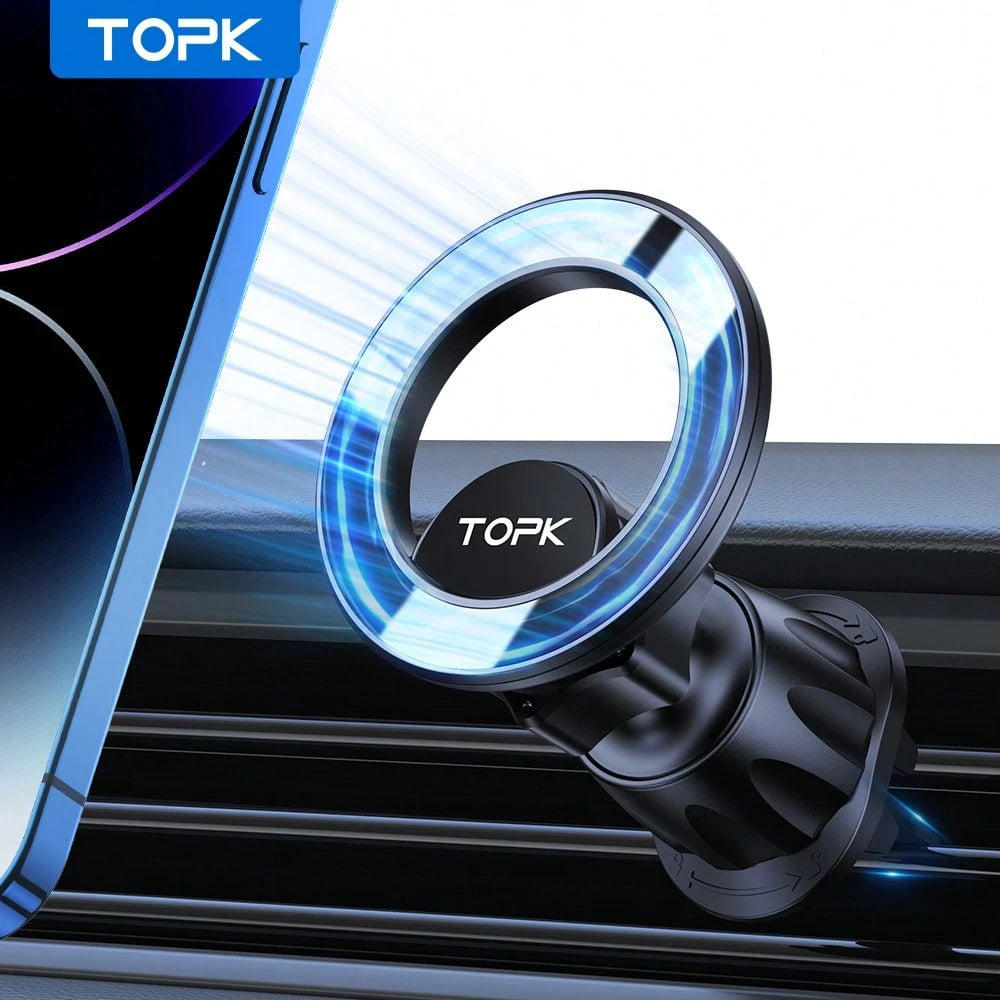 TOPK Magnetic Car Mount, 20 Powerful Magnets, 360° Rotation Air Vent Phone Holder, Waterproof, Adjustable, Round Shape, ABS Material, Compatible With IPhone 15/14/13/12 Series, Auto Smartphone Cradle
