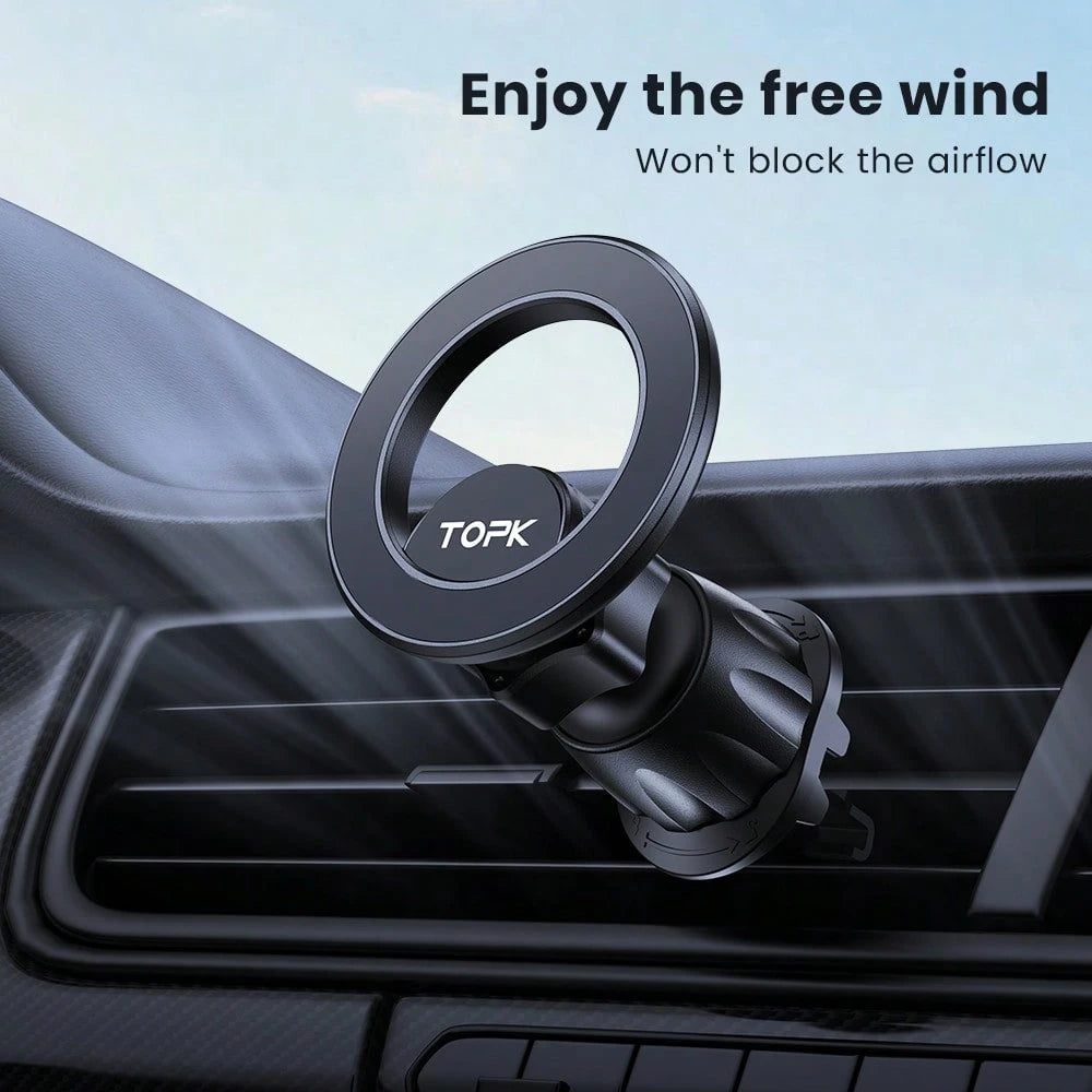 TOPK Magnetic Car Mount, 20 Powerful Magnets, 360° Rotation Air Vent Phone Holder, Waterproof, Adjustable, Round Shape, ABS Material, Compatible With IPhone 15/14/13/12 Series, Auto Smartphone Cradle