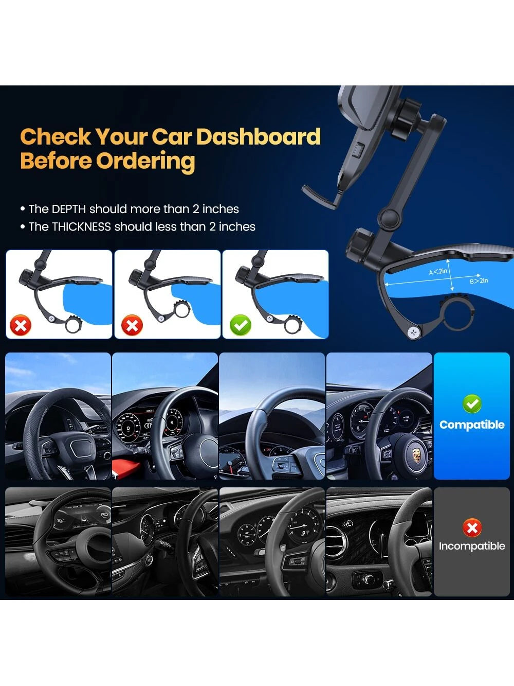 TOPK Phone Holder for Car Dashboard, Adjustable Cell Phone Mount with Anti-slip Silicone Clip for All Smartphone D39-J