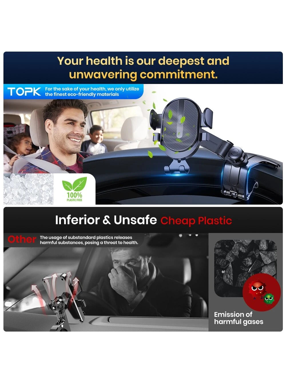 TOPK Phone Holder for Car Dashboard, Adjustable Cell Phone Mount with Anti-slip Silicone Clip for All Smartphone D39-J