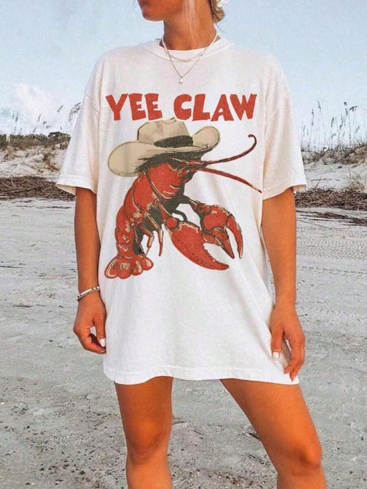 Tops2026Lobster Cowboy Shirt, Yee Claw Tee Funny Lobster Tshirt Western Beach Top Amalfi Coast Trip Tomato Girl Summer, Women's Oversized Casual Short