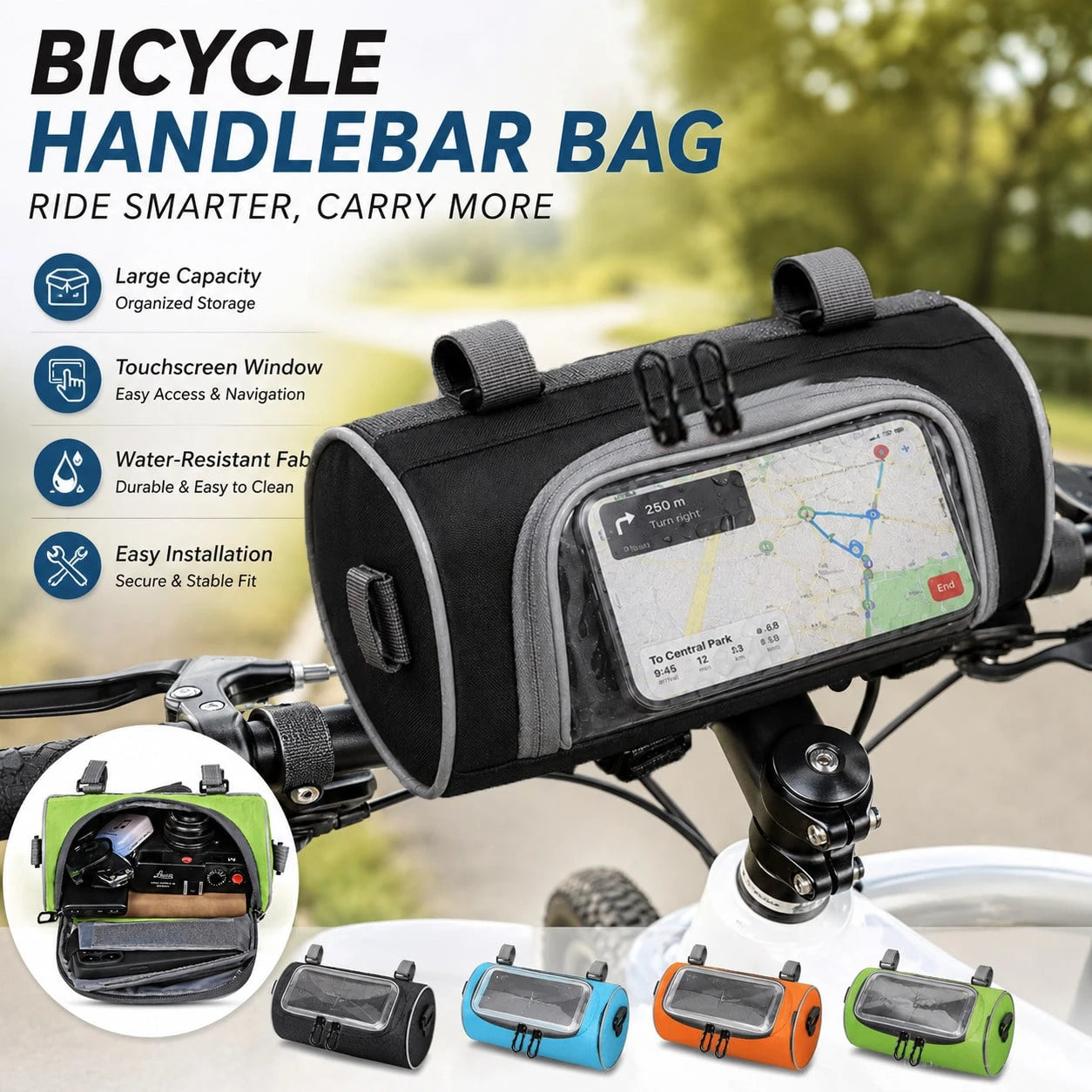 Touchscreen Navigation Handlebar Storage Bag, Universal Motorcycle Electric Scooter Mountain Bike Front Storage Bag, Bicycle Handlebar Organizer Bag