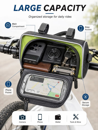 Touchscreen Navigation Handlebar Storage Bag, Universal Motorcycle Electric Scooter Mountain Bike Front Storage Bag, Bicycle Handlebar Organizer Bag