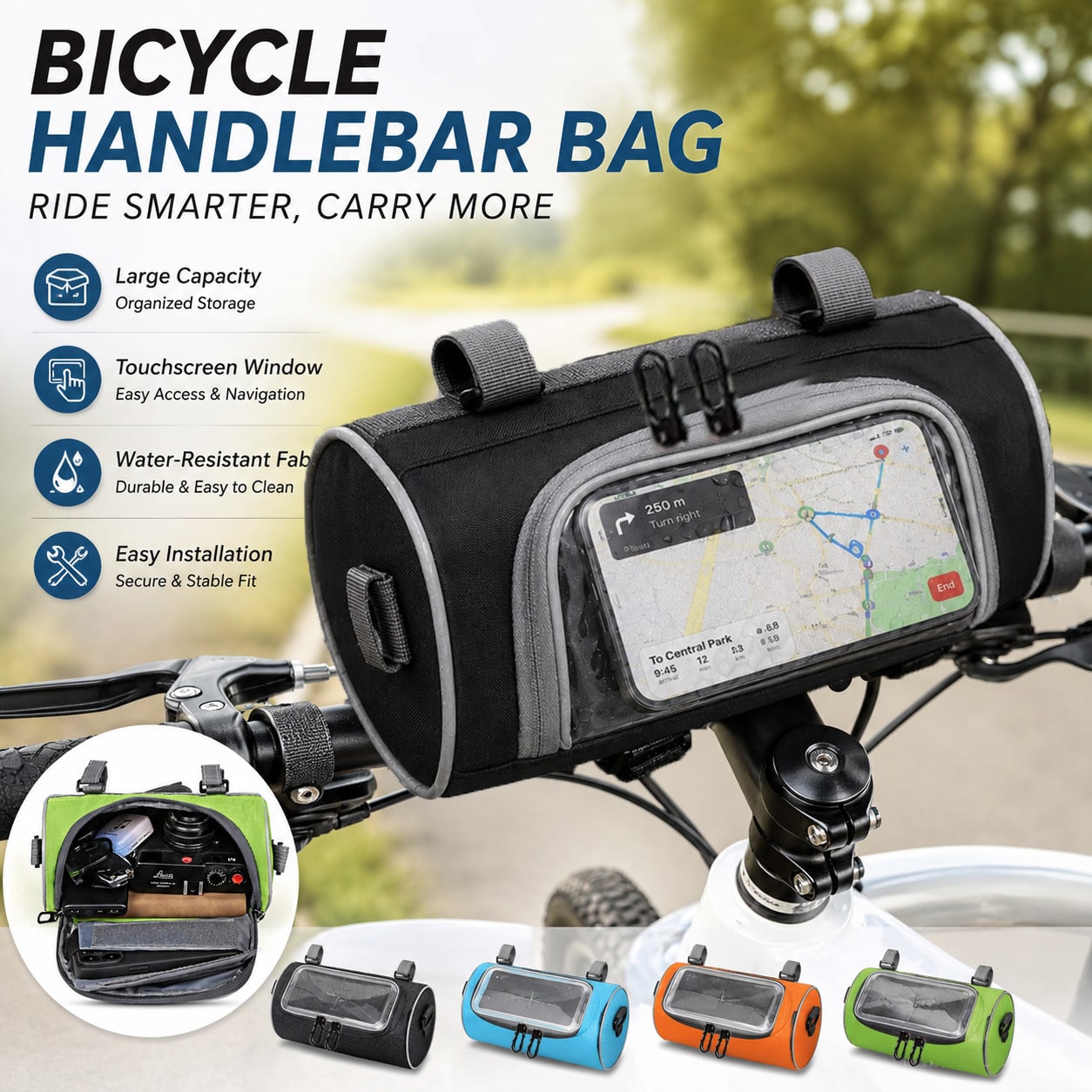 Touchscreen Navigation Handlebar Storage Bag, Universal Motorcycle Electric Scooter Mountain Bike Front Storage Bag, Bicycle Handlebar Organizer Bag