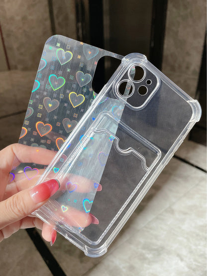 TPU Shockproof Heart Element 1pc High Transparent Shockproof TPU Phone Case With Card Holder And 1pc Laser Cut Heart Card Paper 2-In-1 Compatible With IPhone 14 Pro Max/15 Pro Max Waterproof Anti-Fall
