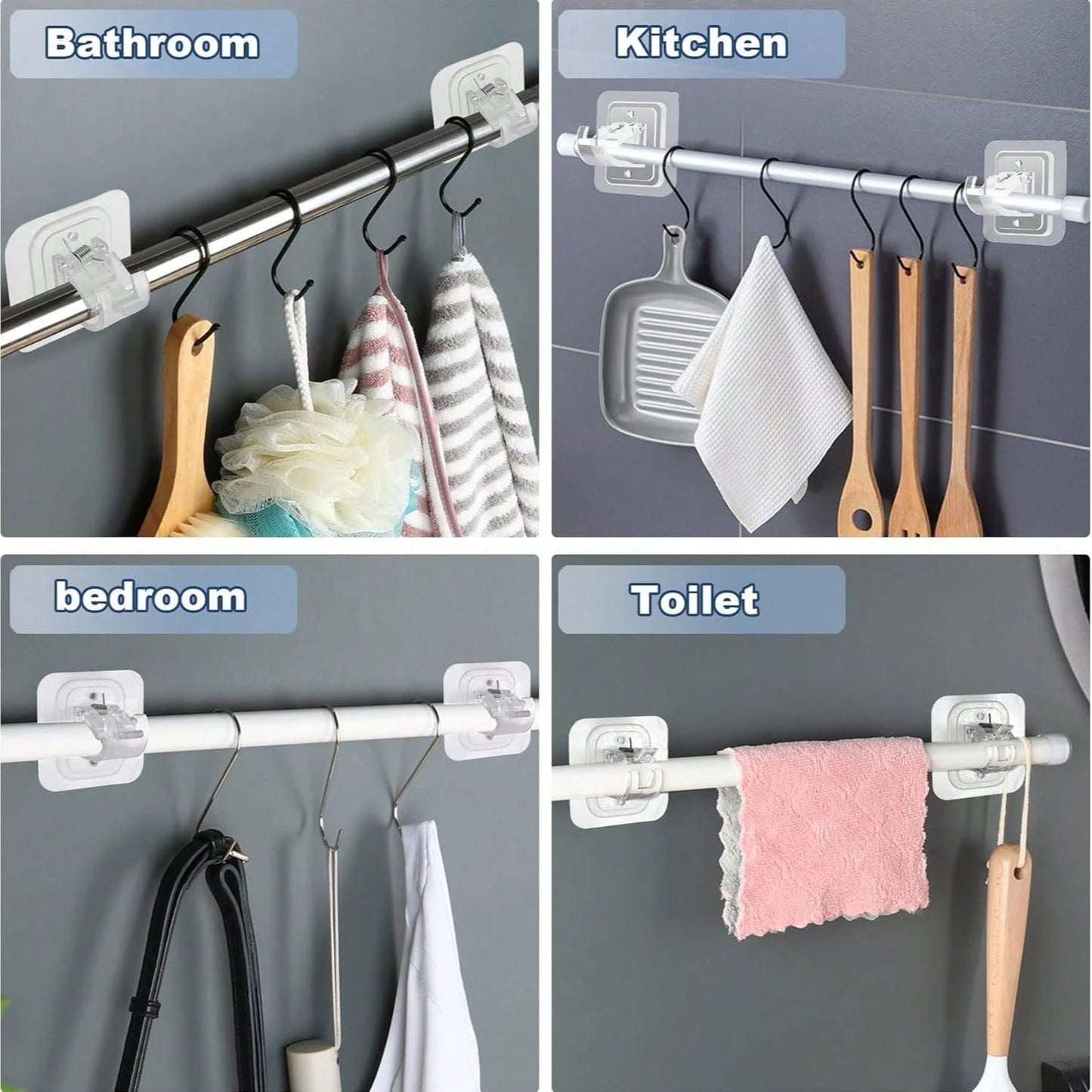 Transparent Wall-Mounted Adhesive Curtain Rod Bracket, Adjustable Hook, No-Drill Installation, Heavy Duty, Modern Design, For Kitchen, Bathroom, Bedroom, Living Room