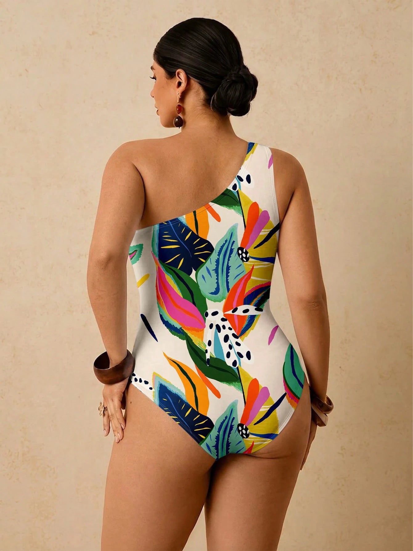 Travachic Plus Size Full Print Asymmetric Neckline Twist Hollow One-Piece Swimsuit Bathing Suits For Women One Piece Swimsuit Women