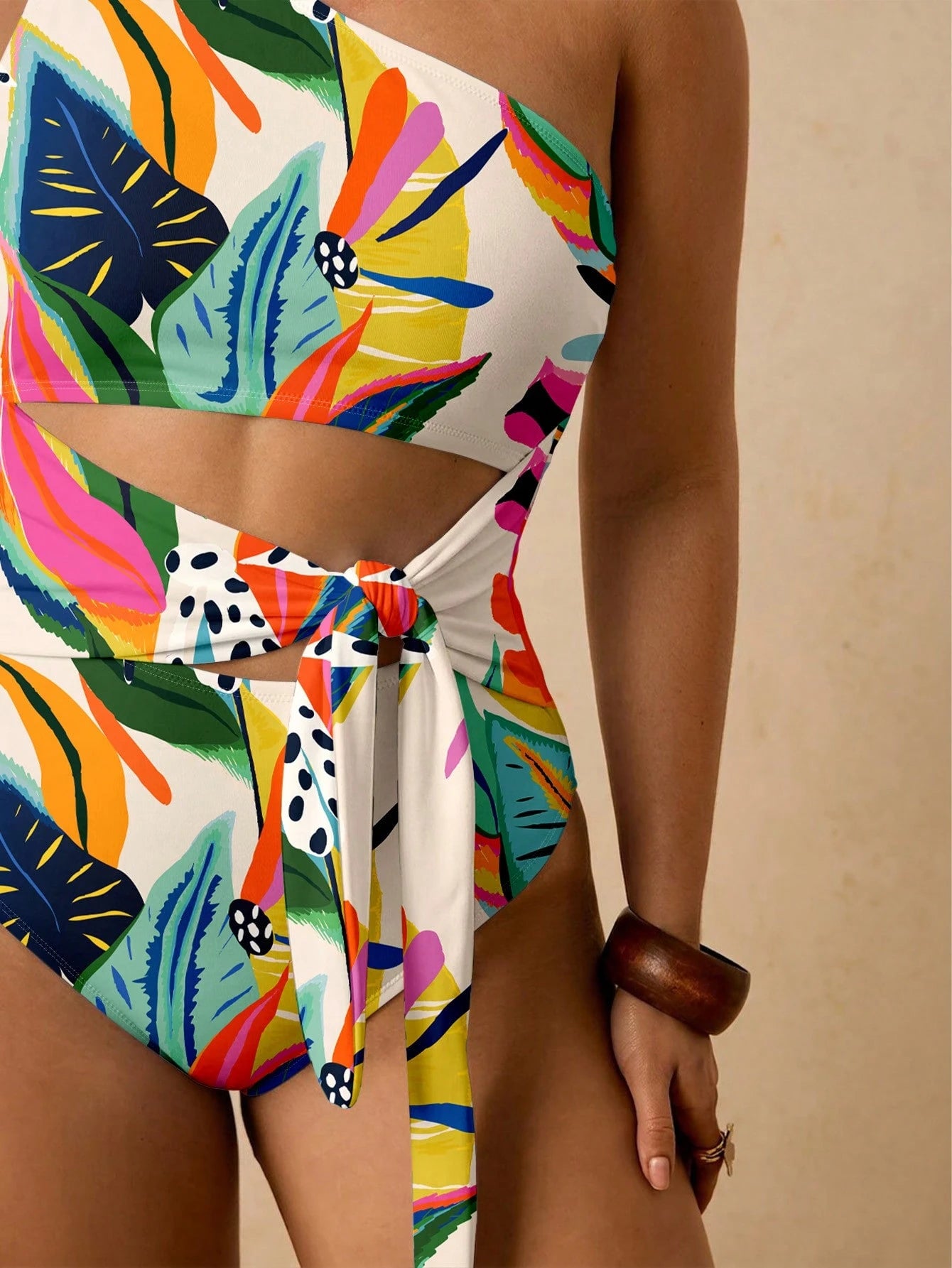 Travachic Plus Size Full Print Asymmetric Neckline Twist Hollow One-Piece Swimsuit Bathing Suits For Women One Piece Swimsuit Women