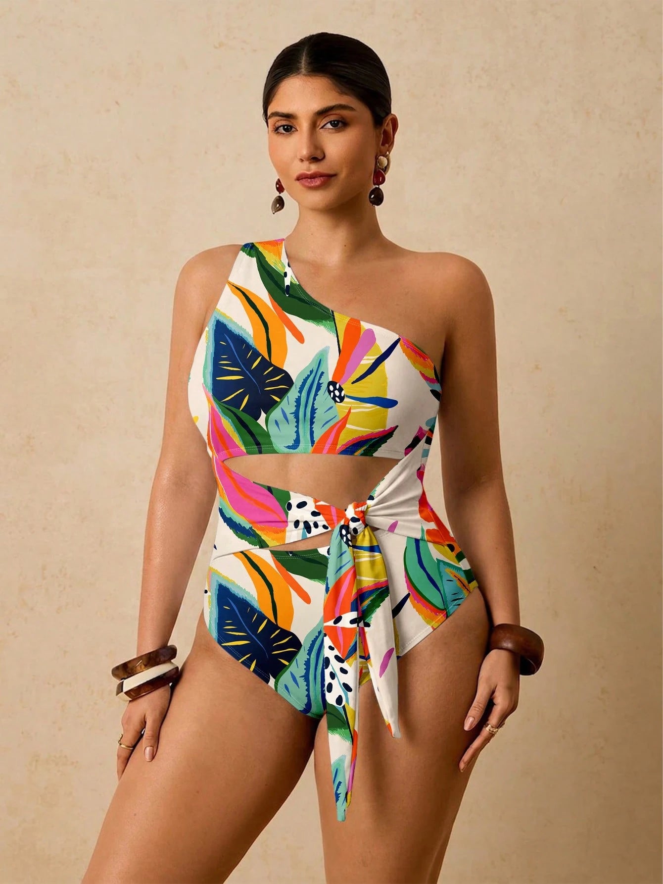 Travachic Plus Size Full Print Asymmetric Neckline Twist Hollow One-Piece Swimsuit Bathing Suits For Women One Piece Swimsuit Women