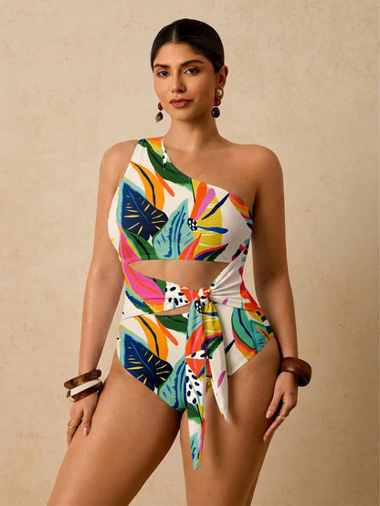 Travachic Plus Size Full Print Asymmetric Neckline Twist Hollow One-Piece Swimsuit Bathing Suits For Women One Piece Swimsuit Women