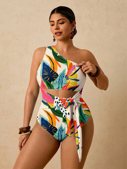 Travachic Plus Size Full Print Asymmetric Neckline Twist Hollow One-Piece Swimsuit Bathing Suits For Women One Piece Swimsuit Women