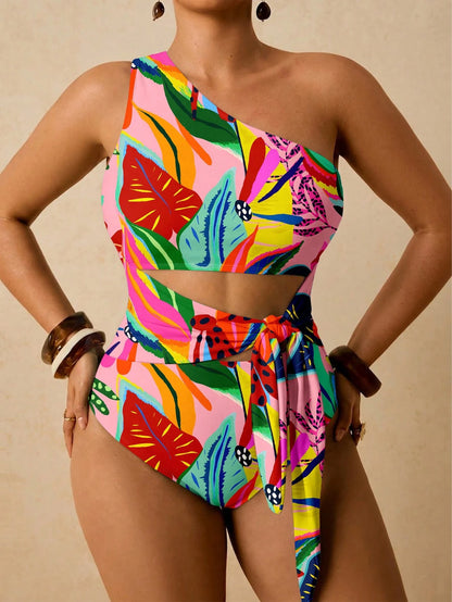 Travachic Plus Size Full Print Asymmetric Neckline Twist Hollow One-Piece Swimsuit Bathing Suits For Women One Piece Swimsuit Women