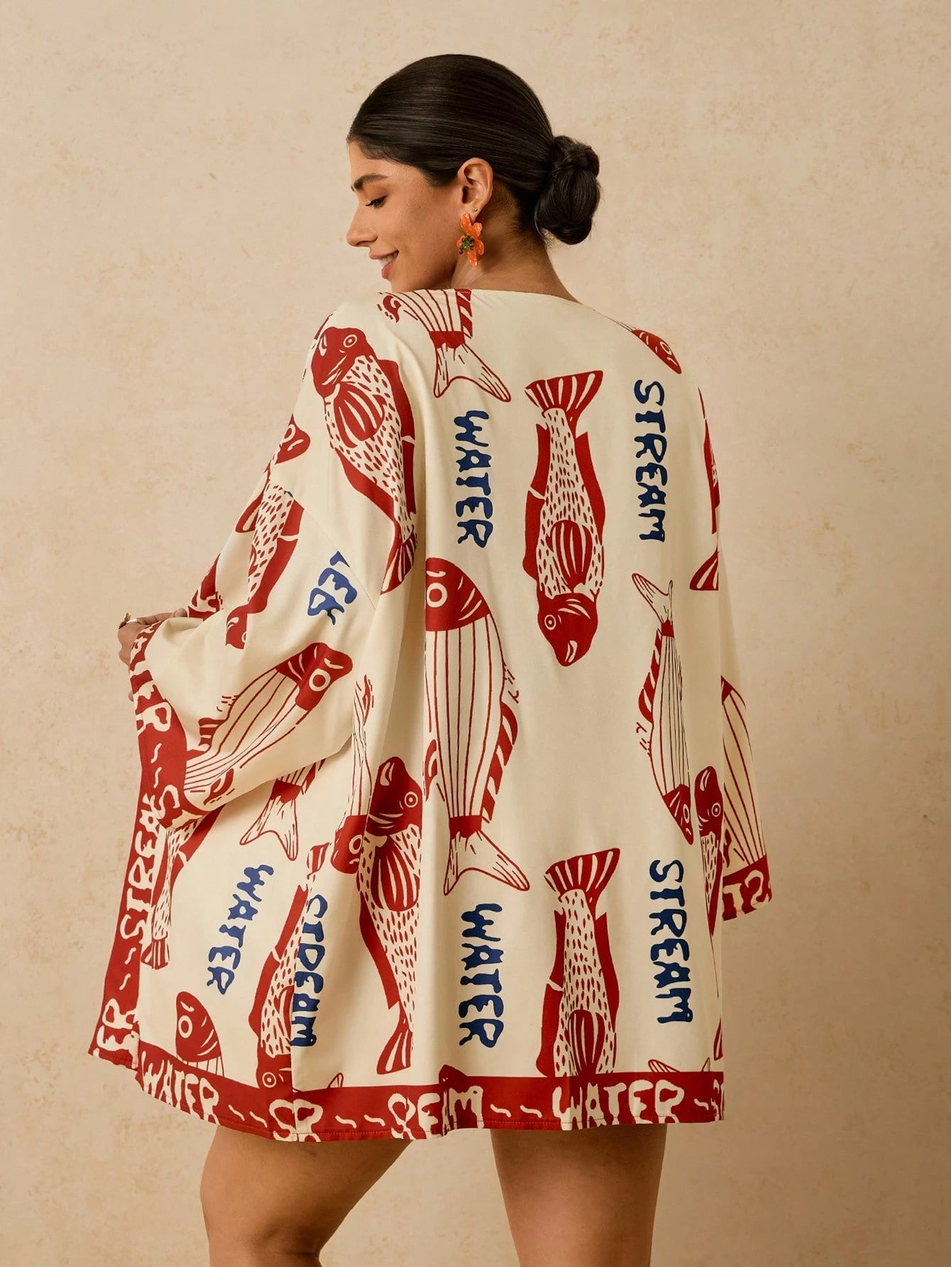 Travachic Plus Size Women's Apricot Ocean Fish Print Chiffon Kimono, Loose Mid-Length Sleeve Early Spring Beach Thermal Pattern Summer 2026