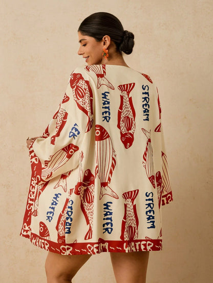 Travachic Plus Size Women's Apricot Ocean Fish Print Chiffon Kimono, Loose Mid-Length Sleeve Early Spring Beach Thermal Pattern Summer 2026