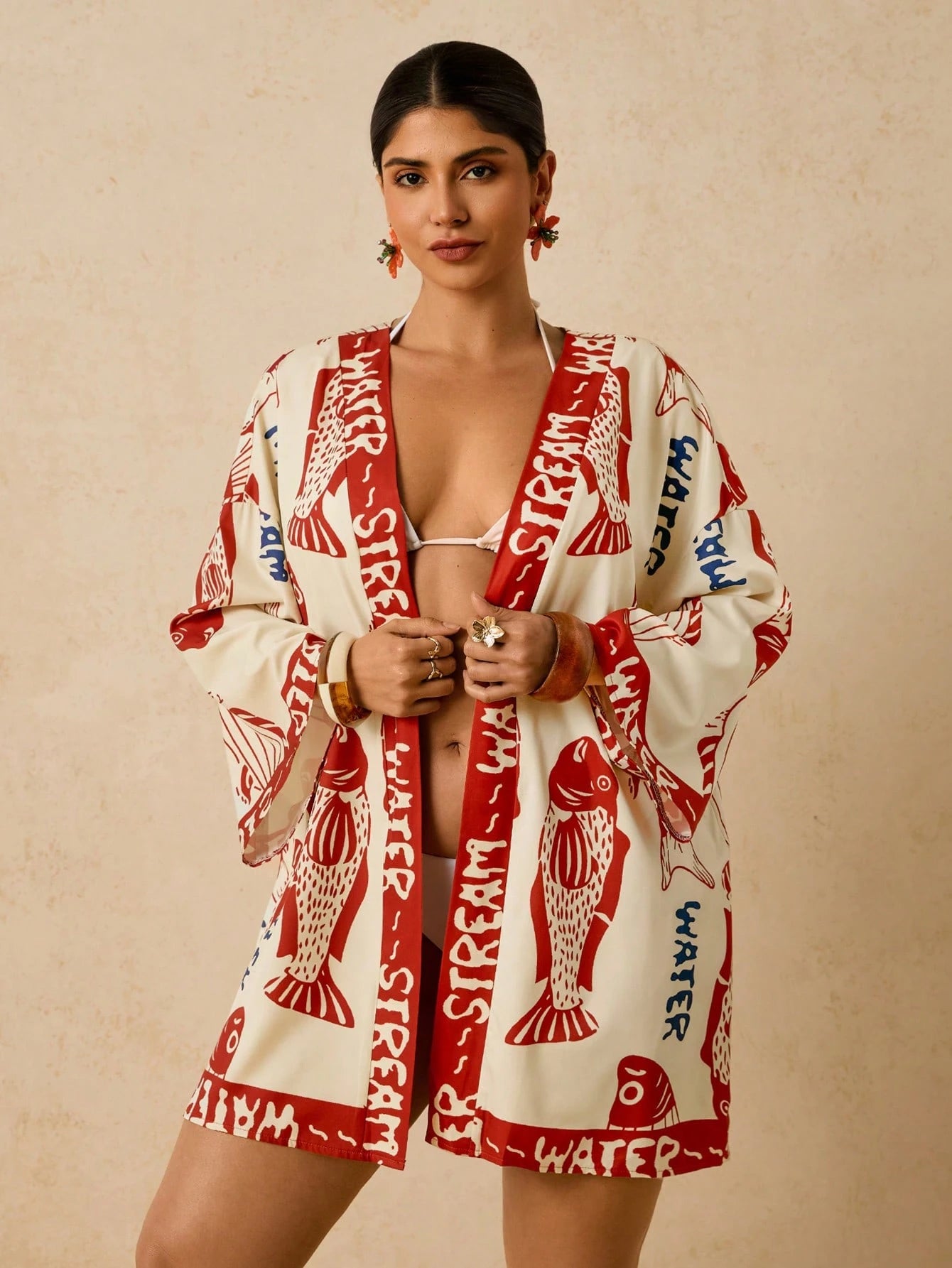 Travachic Plus Size Women's Apricot Ocean Fish Print Chiffon Kimono, Loose Mid-Length Sleeve Early Spring Beach Thermal Pattern Summer 2026