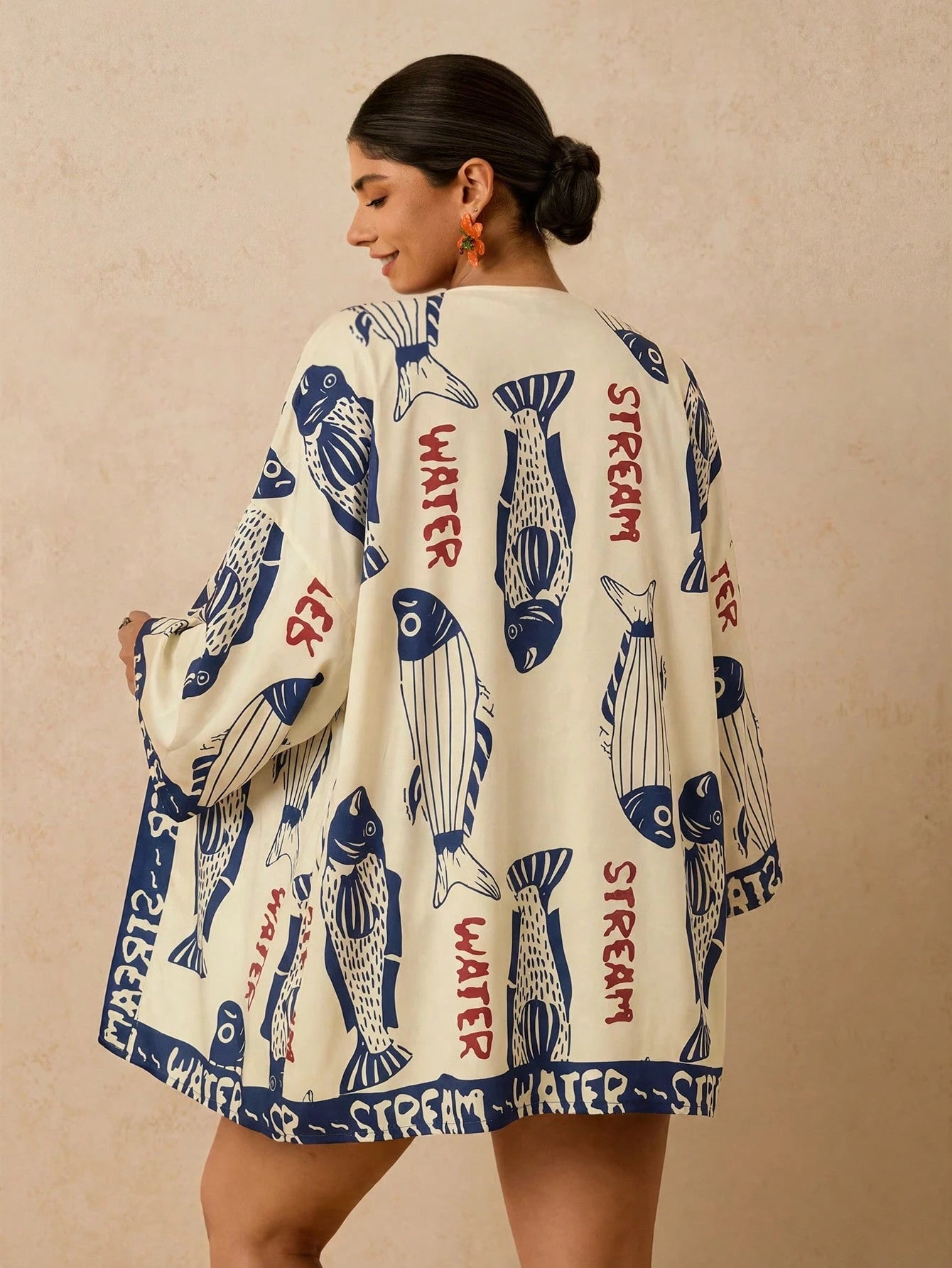 Travachic Plus Size Women's Apricot Ocean Fish Print Chiffon Kimono, Loose Mid-Length Sleeve Early Spring Beach Thermal Pattern Summer 2026