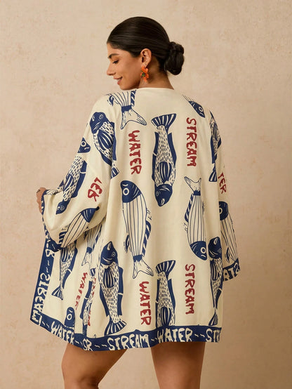 Travachic Plus Size Women's Apricot Ocean Fish Print Chiffon Kimono, Loose Mid-Length Sleeve Early Spring Beach Thermal Pattern Summer 2026