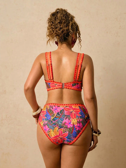 Travachic Plus Size Women Tropical Plant Print Bikini Set, Spring/Summer Vacation Beach Outfit Women's Set Summer Outfits For Women Vacation Outfits Women Two Pieces Set Women Holiday Outfits For Wome