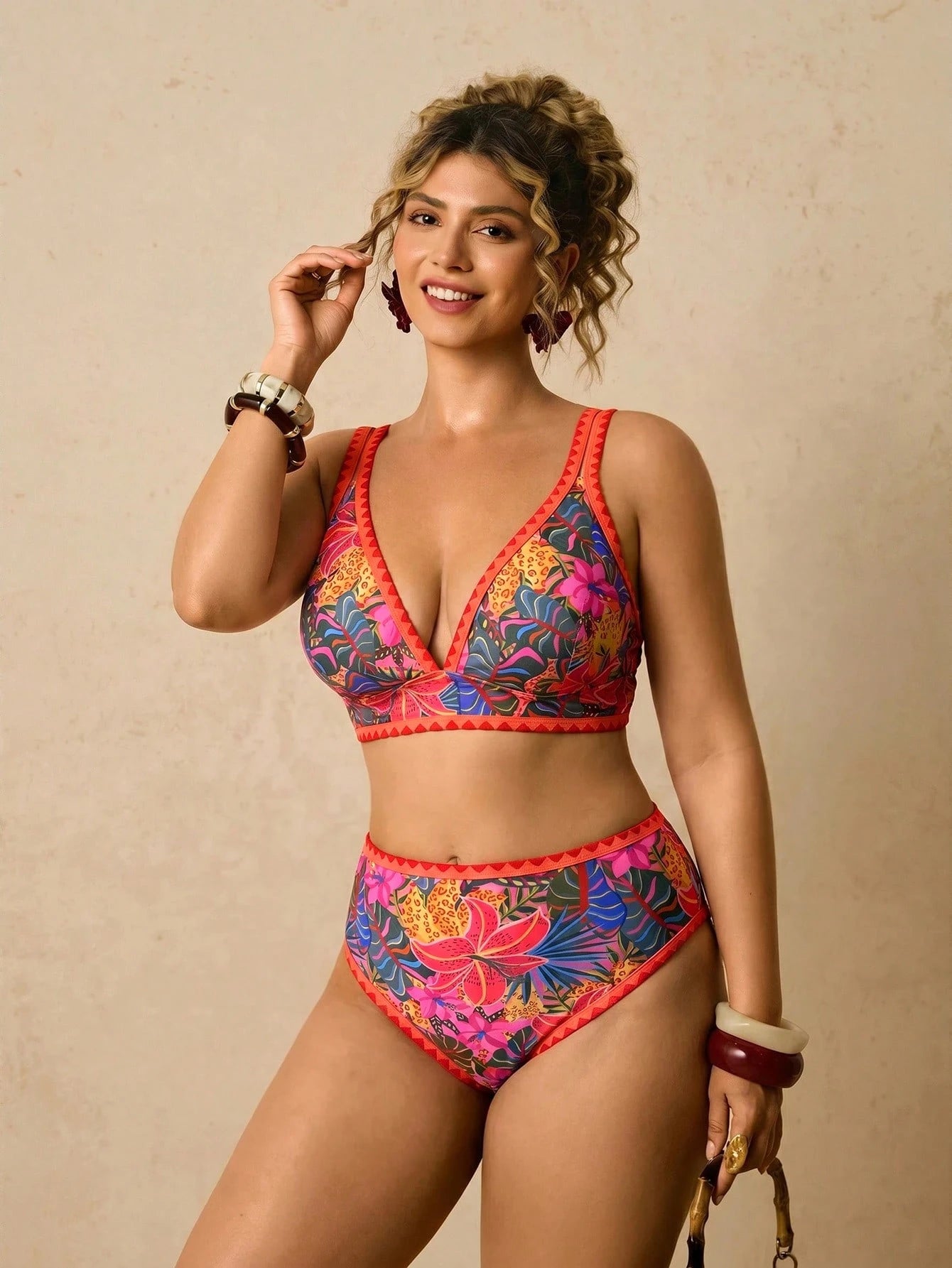 Travachic Plus Size Women Tropical Plant Print Bikini Set, Spring/Summer Vacation Beach Outfit Women's Set Summer Outfits For Women Vacation Outfits Women Two Pieces Set Women Holiday Outfits For Wome