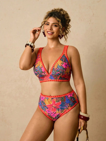 Travachic Plus Size Women Tropical Plant Print Bikini Set, Spring/Summer Vacation Beach Outfit Women's Set Summer Outfits For Women Vacation Outfits Women Two Pieces Set Women Holiday Outfits For Wome