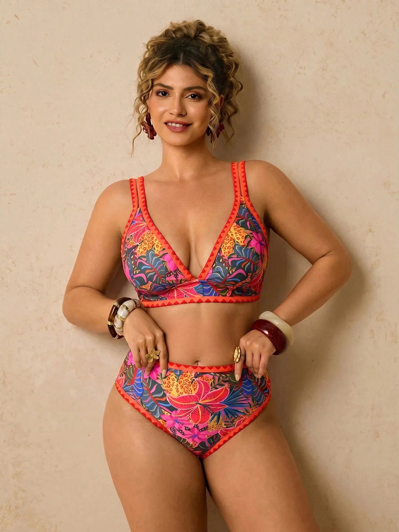 Travachic Plus Size Women Tropical Plant Print Bikini Set, Spring/Summer Vacation Beach Outfit Women's Set Summer Outfits For Women Vacation Outfits Women Two Pieces Set Women Holiday Outfits For Wome