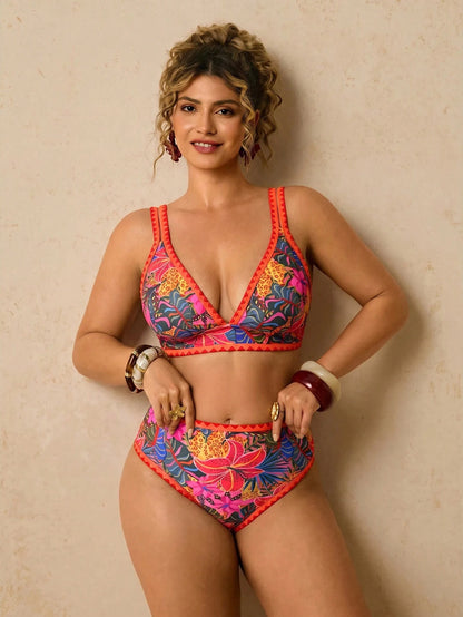Travachic Plus Size Women Tropical Plant Print Bikini Set, Spring/Summer Vacation Beach Outfit Women's Set Summer Outfits For Women Vacation Outfits Women Two Pieces Set Women Holiday Outfits For Wome