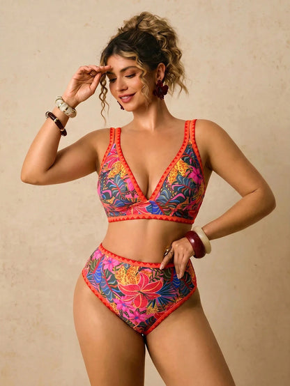 Travachic Plus Size Women Tropical Plant Print Bikini Set, Spring/Summer Vacation Beach Outfit Women's Set Summer Outfits For Women Vacation Outfits Women Two Pieces Set Women Holiday Outfits For Wome