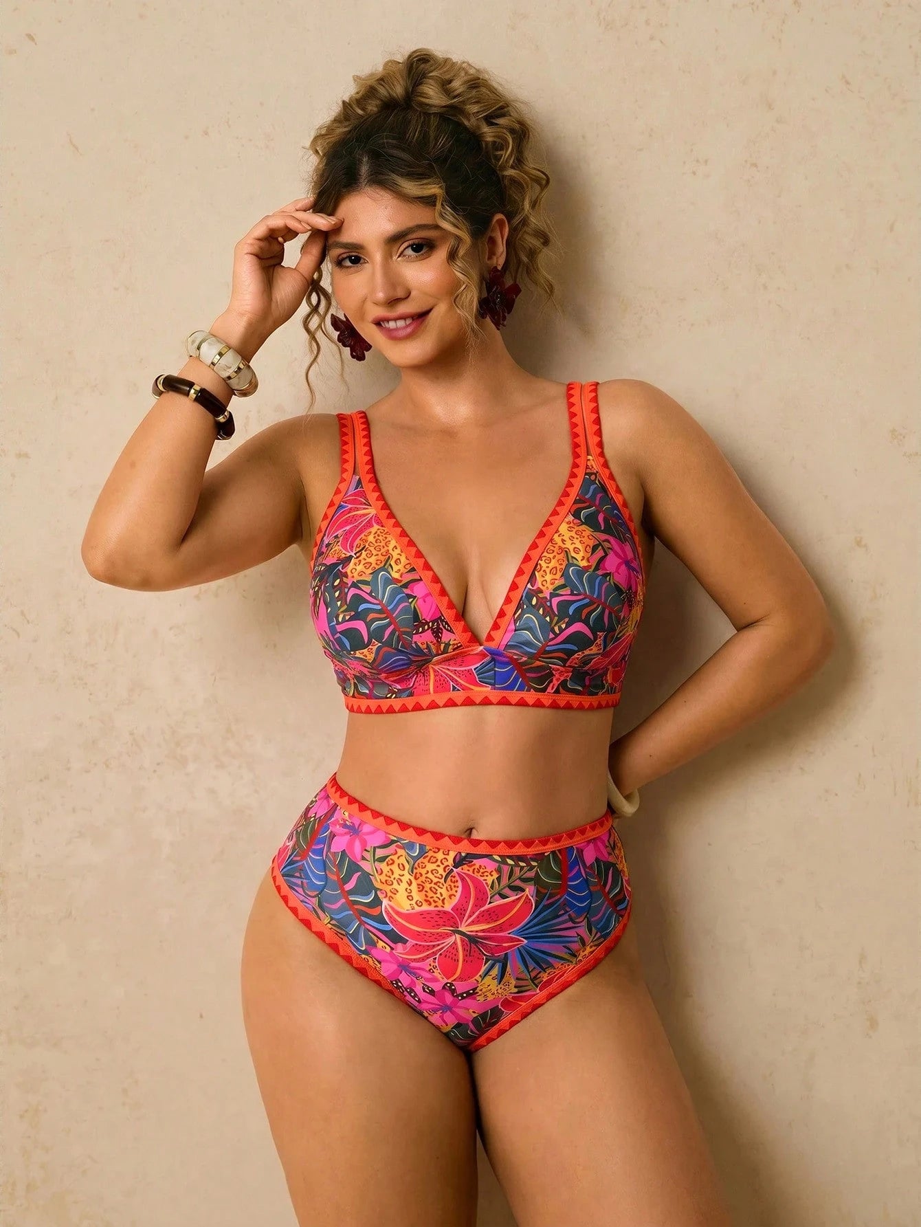 Travachic Plus Size Women Tropical Plant Print Bikini Set, Spring/Summer Vacation Beach Outfit Women's Set Summer Outfits For Women Vacation Outfits Women Two Pieces Set Women Holiday Outfits For Wome
