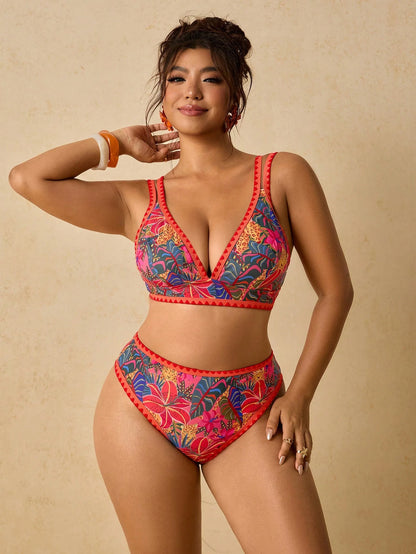 Travachic Plus Size Women Tropical Plant Print Bikini Set, Spring/Summer Vacation Beach Outfit Women's Set Summer Outfits For Women Vacation Outfits Women Two Pieces Set Women Holiday Outfits For Wome