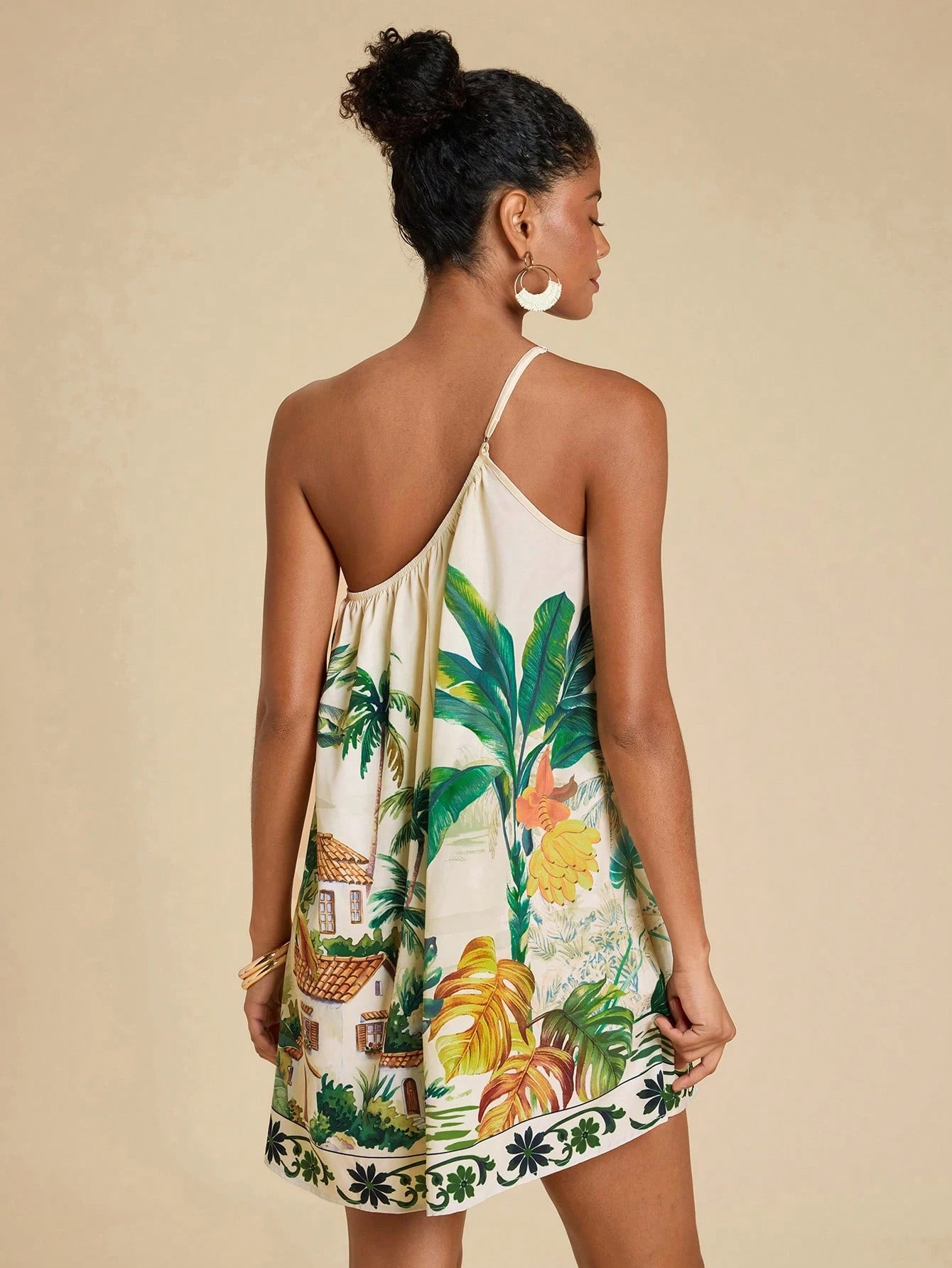 Travachic Women's Fashionable Tropical Plant Print Sleeveless Beige Summer Dress, Boho Holiday Outfits, Vacation Island Wear, Boat Trip Casual Beachwear Playa