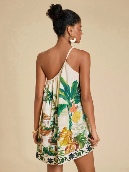Travachic Women's Fashionable Tropical Plant Print Sleeveless Beige Summer Dress, Boho Holiday Outfits, Vacation Island Wear, Boat Trip Casual Beachwear Playa