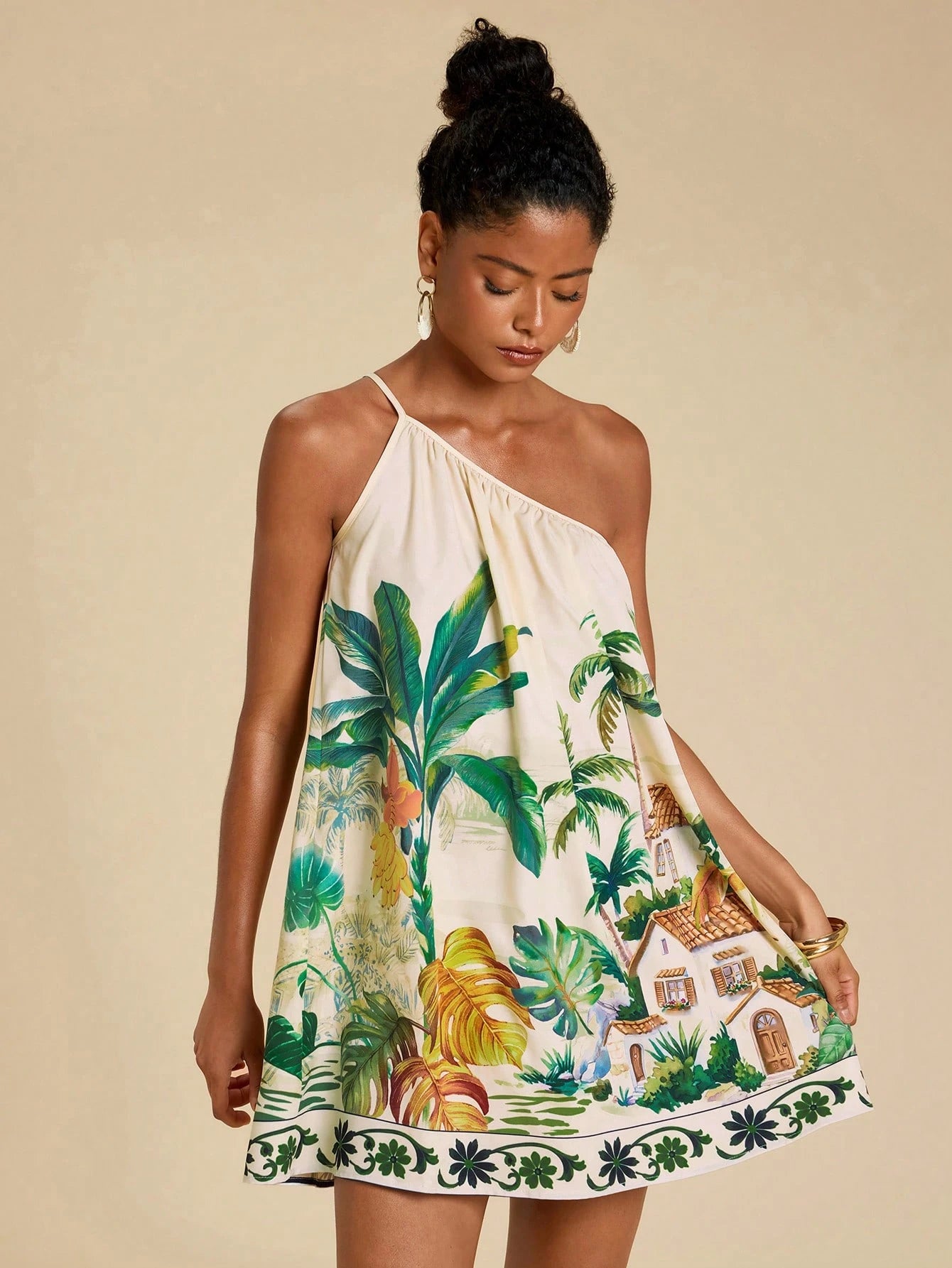 Travachic Women's Fashionable Tropical Plant Print Sleeveless Beige Summer Dress, Boho Holiday Outfits, Vacation Island Wear, Boat Trip Casual Beachwear Playa