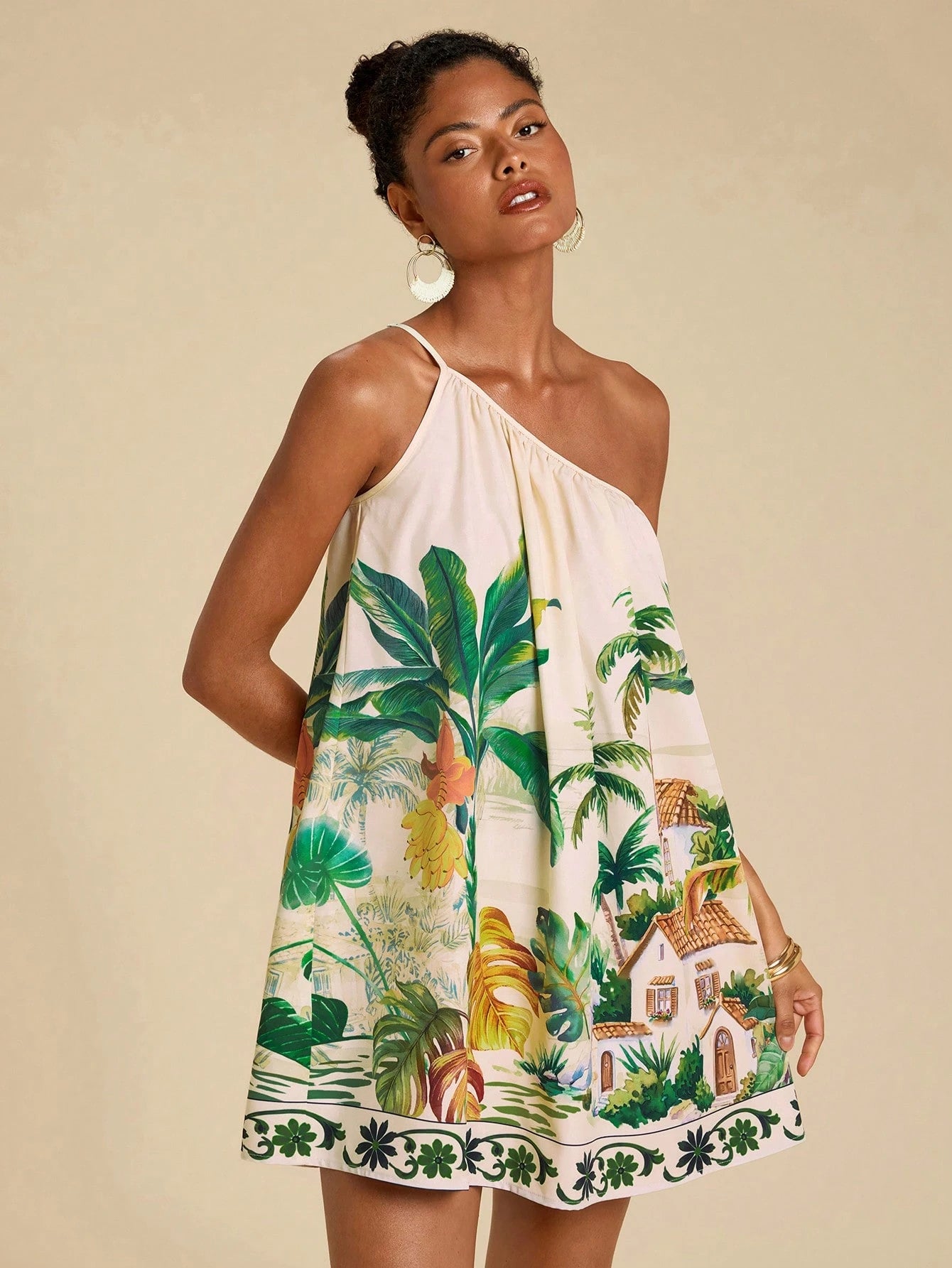 Travachic Women's Fashionable Tropical Plant Print Sleeveless Beige Summer Dress, Boho Holiday Outfits, Vacation Island Wear, Boat Trip Casual Beachwear Playa